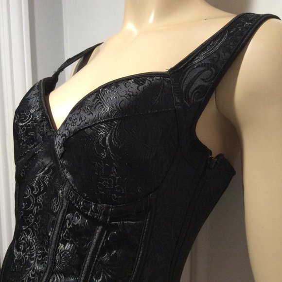 Sexy Lace Up Corset Bustier Black Satiny floral Brocade NWOT Womens Size XL - Picture 2 of 14